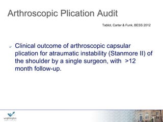 Pre-op Post-op 
* 
www.wrightington.com 
28 
* Statistically significantly improved score (p<0.001) 
26 
16 
54 
39 
* 
32 
* 
29 
60. 
45. 
30. 
15. 
0. 
OSS OIS DASH 
 