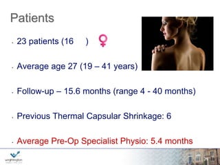 Patient Satisfaction 
• Pre-op: 3.2/10 
• Post-op: 8.6 / 10 
• with average 82.4% improvement in symptoms 
wwwwww.w.wrigrhigtinhgttionng.ctoomn.com 
29 
 
