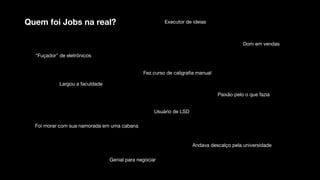 Quem foi Jobs na real?
“Fuçador" de eletrônicos
Largou a faculdade
Fez curso de caligraﬁa manual
Usuário de LSD
Foi morar com sua namorada em uma cabana
Andava descalço pela universidade
Paixão pelo o que fazia
Dom em vendas
Genial para negociar
Executor de ideias
 