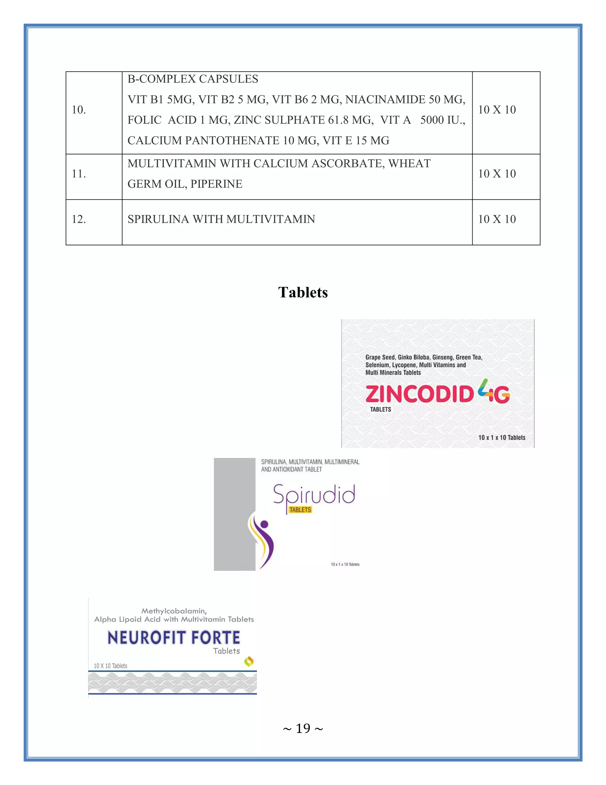 ~ 19 ~
Tablets
10.
B-COMPLEX CAPSULES
VIT B1 5MG, VIT B2 5 MG, VIT B6 2 MG, NIACINAMIDE 50 MG,
FOLIC ACID 1 MG, ZINC SULPHATE 61.8 MG, VIT A 5000 IU.,
CALCIUM PANTOTHENATE 10 MG, VIT E 15 MG
10 X 10
11.
MULTIVITAMIN WITH CALCIUM ASCORBATE, WHEAT
GERM OIL, PIPERINE
10 X 10
12. SPIRULINA WITH MULTIVITAMIN 10 X 10
 