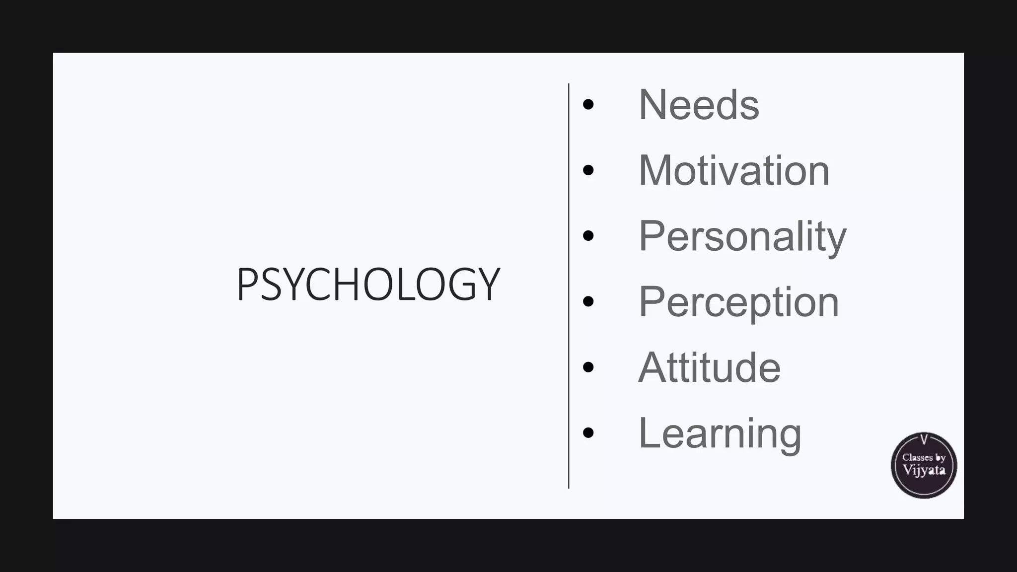 PSYCHOLOGY
• Needs
• Motivation
• Personality
• Perception
• Attitude
• Learning
