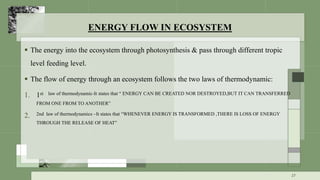 ENERGY FLOW IN ECOSYSTEM
 The energy into the ecosystem through photosynthesis & pass through different tropic
level feeding level.
 The flow of energy through an ecosystem follows the two laws of thermodynamic:
1. 1st law of thermodynamic-It states that “ ENERGY CAN BE CREATED NOR DESTROYED,BUT IT CAN TRANSFERRED
FROM ONE FROM TO ANOTHER”
2. 2nd law of thermodynamics –It states that “WHENEVER ENERGY IS TRANSFORMED ,THERE IS LOSS OF ENERGY
THROUGH THE RELEASE OF HEAT”
27
 
