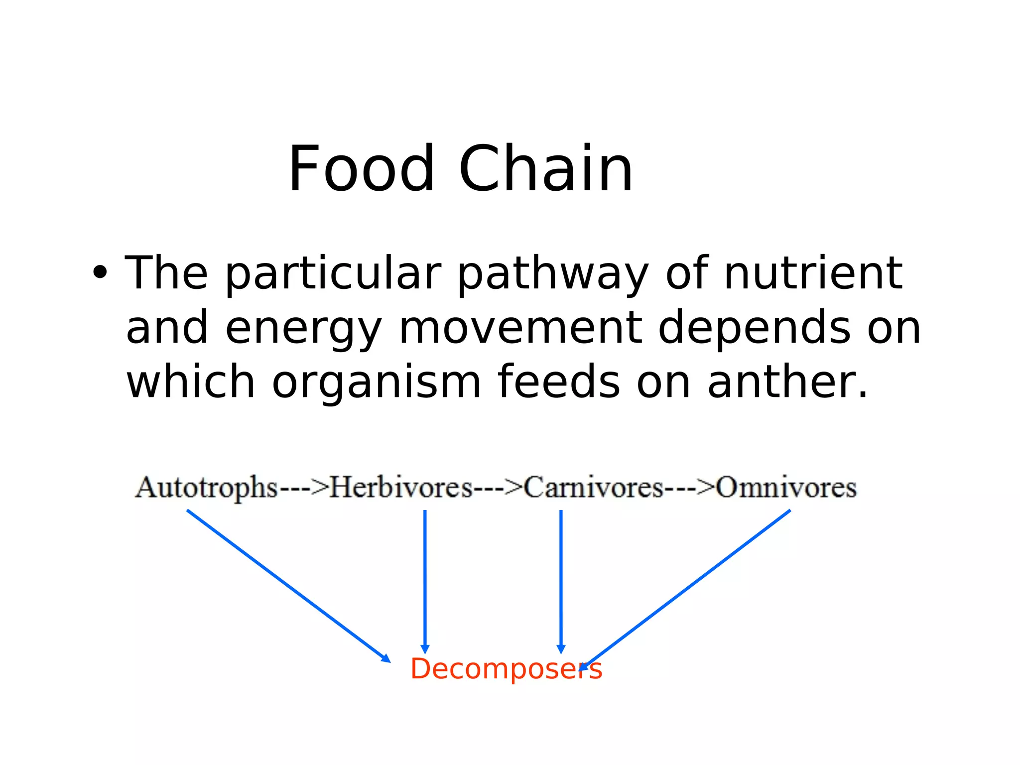 Food Chain
• The particular pathway of nutrient
and energy movement depends on
which organism feeds on anther.
Decomposers
 