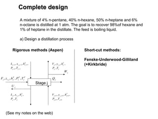 Complete designComplete design
A mixture of 4% n-pentane, 40% n-hexane, 50% n-heptane and 6%
n-octane is distilled at 1 atm. The goal is to recover 98%of hexane and
1% of heptane in the distillate. The feed is boiling liquid.
a) Design a distillation process
Rigorous methods (Aspen)
Stage j
F
j
F
j
F
jjij TPhzF ,,,, , jQ
11
11,1
,
,,,
−−
−−−
jj
L
jjij
TP
hxL
11
11,1
,
,,,
++
+++
jj
V
jjij
TP
hyV
jj
L
jjij
TP
hxL
,
,,, ,
jj
V
jjij
TP
hyV
,
,,, ,
jU
jW
(See my notes on the web)
Short-cut methods:
Fenske-Underwood-Gilliland
(+Kirkbride)
 