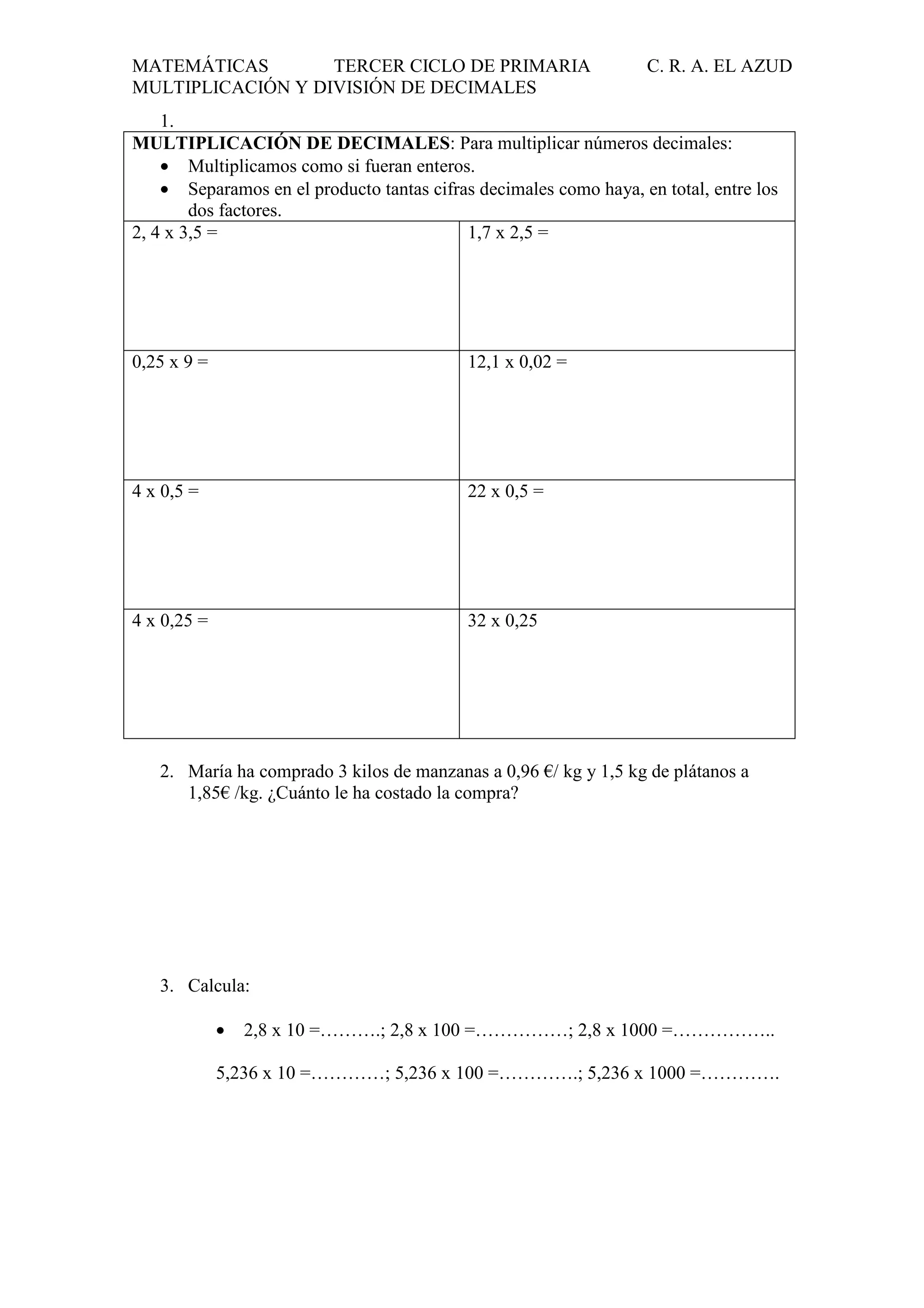 MATEMÁTICAS
TERCER CICLO DE PRIMARIA
MULTIPLICACIÓN Y DIVISIÓN DE DECIMALES

C. R. A. EL AZUD

1.
MULTIPLICACIÓN DE DECIMALES: Para multiplicar números decimales:
• Multiplicamos como si fueran enteros.
• Separamos en el producto tantas cifras decimales como haya, en total, entre los
dos factores.
2, 4 x 3,5 =
1,7 x 2,5 =

0,25 x 9 =

12,1 x 0,02 =

4 x 0,5 =

22 x 0,5 =

4 x 0,25 =

32 x 0,25

2. María ha comprado 3 kilos de manzanas a 0,96 €/ kg y 1,5 kg de plátanos a
1,85€ /kg. ¿Cuánto le ha costado la compra?

3. Calcula:
•

2,8 x 10 =……….; 2,8 x 100 =……………; 2,8 x 1000 =……………..

5,236 x 10 =…………; 5,236 x 100 =………….; 5,236 x 1000 =………….

 