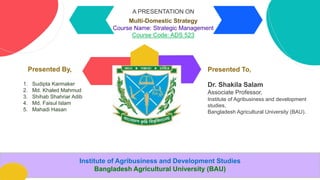 A PRESENTATION ON
Multi-Domestic Strategy
Course Name: Strategic Management
Course Code: ADS 523
Presented By,
1. Sudipta Karmaker
2. Md. Khaled Mahmud
3. Shihab Shahriar Adib
4. Md. Faisul Islam
5. Mahadi Hasan
Presented To,
Dr. Shakila Salam
Associate Professor,
Institute of Agribusiness and development
studies,
Bangladesh Agricultural University (BAU).
Institute of Agribusiness and Development Studies
Bangladesh Agricultural University (BAU)
 