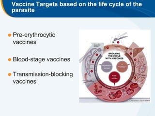 Vaccine Targets based on the life cycle of the
parasite



Pre-erythrocytic
vaccines

Blood-stage vaccines

Transmission-b...