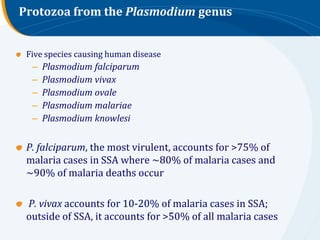 Protozoa from the Plasmodium genus


 Five species causing human disease
  –   Plasmodium falciparum
  –   Plasmodium viva...