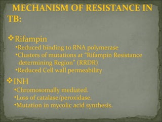 MECHANISM OF RESISTANCE IN
TB:
Rifampin
•Reduced binding to RNA polymerase
•Clusters of mutations at “Rifampin Resistance
determining Region” (RRDR)
•Reduced Cell wall permeability
INH
•Chromosomally mediated.
•Loss of catalase/peroxidase.
•Mutation in mycolic acid synthesis.
 