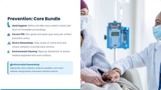 Prevention: Core Bundle
Hand Hygiene: Before and after every patient contact and
touch of immediate surroundings.
Correct PPE Don gloves and gown upon entry per contact
precaution policy.
Device Stewardship: Daily review of central lines and
urinary catheters to prompt early removal.
Environmental Cleaning: Rigorous disinfection of shared
medical equipment and room surfaces.
Antimicrobial Stewardship
Appropriate culture collection, timely de-escalation, and correct
antibiotic dosing prevent unnecessary selection pressure.
 