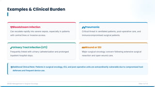 Examples & Clinical Burden
MDRO Management in Surgical Oncology Slide 4 of 14
Additional Clinical Note: Patients in surgical oncology, ICU, and post-operative units are extraordinarily vulnerable due to compromised host
defenses and frequent device use.
Bloodstream Infection
Can escalate rapidly into severe sepsis, especially in patients
with central lines or invasive access.
Pneumonia
Critical threat in ventilated patients, post-operative care, and
immunocompromised surgical patients.
Urinary Tract Infection (UTI)
Frequently linked with urinary catheterization and prolonged
inpatient hospital stays.
Wound or SSI
Major surgical oncology concern following extensive surgical
resection and open wound care.
 