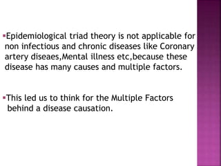 Epidemiological triad theory is not applicable for
non infectious and chronic diseases like Coronary
artery diseaes,Mental illness etc,because these
disease has many causes and multiple factors.
This led us to think for the Multiple Factors
behind a disease causation.
 