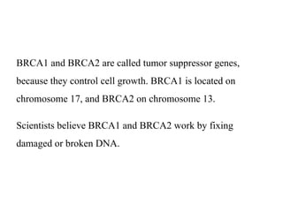 BRCA1 and BRCA2 are called tumor suppressor genes,
because they control cell growth. BRCA1 is located on
chromosome 17, and BRCA2 on chromosome 13.
Scientists believe BRCA1 and BRCA2 work by fixing
damaged or broken DNA.
 