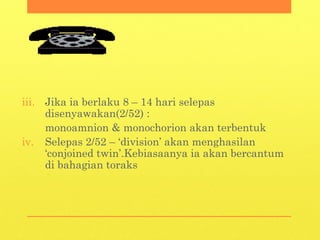iii. Jika ia berlaku 8 – 14 hari selepas
disenyawakan(2/52) :
monoamnion & monochorion akan terbentuk
iv. Selepas 2/52 – ‘division’ akan menghasilan
‘conjoined twin’.Kebiasaanya ia akan bercantum
di bahagian toraks
 