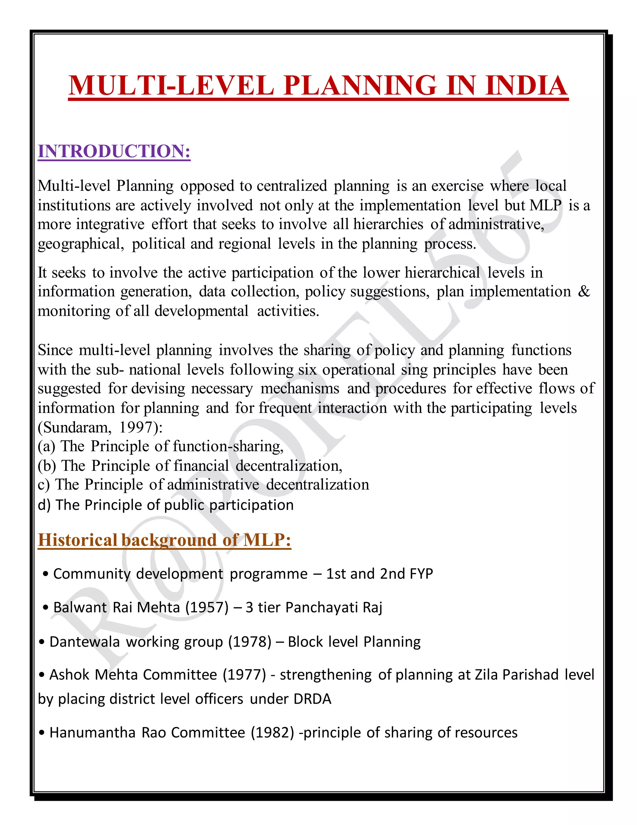 MULTI-LEVEL PLANNING IN INDIA | DOCX