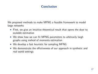 We can learn multifractal structure quickly 
Method of moments: 
1. Count number of wedges, 3-stars, triangles, 4-cliques, etc. in 
network of interest 
2. Try to  
