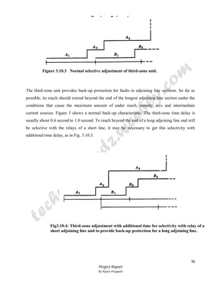 Technofriendz
A community of technical scholars

Figure 3.10.3 Normal selective adjustment of third-zone unit.

The third-zone unit provides back-up protection for faults in adjoining line sections. So far as
possible, its reach should extend beyond the end of the longest adjoining line section under the
conditions that cause the maximum amount of under reach, namely, arcs and intermediate
current sources. Figure 3 shows a normal back-up characteristic. The third-zone time delay is
usually about 0.4 second to 1.0 second. To reach beyond the end of a long adjoining line and still
be selective with the relays of a short line, it may be necessary to get this selectivity with
additional time delay, as in Fig. 3.10.3.

Fig3.10.4: Third-zone adjustment with additional time for selectivity with relay of a
short adjoining line and to provide back-up protection for a long adjoining line.

36
Project Report
By Rajeev Prajapati

 