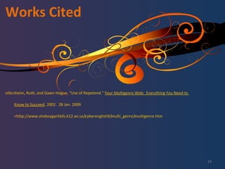 Works Cited Wollersheim, Ruth, and Dawn Hogue. “Use of Repetend.”  Your Multigenre Web:  Everything You Need to  Know to Succeed . 2002.  28 Jan. 2009  <http://www.sheboyganfalls.k12.wi.us/‌cyberenglish9/‌multi_genre/‌multigenre.htm 