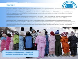 multigrad@bair.ru         www.snowgrad.ru

 Аудитория

 За три года в фестивале СноуГРАД приняли участие почти 1500 художников, скульпторов, архитекторов со всей страны. Нам помогали волонтеры из
 округа Якиманки, студенты Строгановки, МАРХи и Британской Высшей школы дизайна.
 Среди наших гостей были ШОЙГУ Сергей, КАПКОВ Сергей, ЛОМАКИН Николай, ЭКОНОМОВ Сергей, ЕРМОЛАЕВ Александр, ВИНОКУР Владимир,
 КОМЯГИН Владимир, ПОЛИССКИЙ Николай, РЕМИЗОВ Александр, ГАРАНИН Константин, МАЛИНИН Николай, ВИНОГРАДОВ Петр, ГАЙДУКОВ
 Дмитрий, МИХАЛЬЧУК Илья и др.
 Первый фестиваль SnowGRAD в Архангельской области посетило 5 000 человек, а зимой 2012 уже 40 000. MultiGRAD - уникальная площадка,
 единственная в своем роде не только в Москве, но и в России. Это дает право прогнозировать рост посетителей и зимой 2013 года.

 Расположение парка, в прямой транспортной доступности от нескольких крупных спальных микрорайонов (Кузьминки, Выхино-Жулебино,
 Марьино, Люблино, Кожухово, Белая Дача, Люберцы), а так же статистика наполняемости проводимых на этой территории мероприятий позволяет
 прогнозировать аудиторию – до 5 000 человек в день. Именно расположение проекта, его доступность, участие известных анимационных брендов
 гарантирует наличие широкого спектра целевой аудитории: жители спального района, молодые семьи с детьми 4-12, middle class, социально
 активная публика.




Ожидаемое число посетителей - более 80 000
Ожидаемое число контактов - более 4 500 000
 