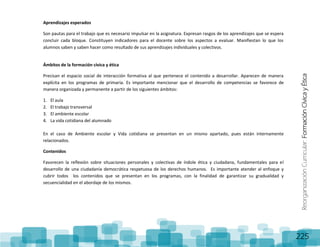 ReorganizaciónCurricular:FormaciónCívicayÉtica
225
Aprendizajes esperados
Son pautas para el trabajo que es necesario impulsar en la asignatura. Expresan rasgos de los aprendizajes que se espera
concluir cada bloque. Constituyen indicadores para el docente sobre los aspectos a evaluar. Manifiestan lo que los
alumnos saben y saben hacer como resultado de sus aprendizajes individuales y colectivos.
Ámbitos de la formación cívica y ética
Precisan el espacio social de interacción formativa al que pertenece el contenido a desarrollar. Aparecen de manera
explícita en los programas de primaria. Es importante mencionar que el desarrollo de competencias se favorece de
manera organizada y permanente a partir de los siguientes ámbitos:
1. El aula
2. El trabajo transversal
3. El ambiente escolar
4. La vida cotidiana del alumnado
En el caso de Ambiente escolar y Vida cotidiana se presentan en un mismo apartado, pues están internamente
relacionados.
Contenidos
Favorecen la reflexión sobre situaciones personales y colectivas de índole ética y ciudadana, fundamentales para el
desarrollo de una ciudadanía democrática respetuosa de los derechos humanos. Es importante atender al enfoque y
cubrir todos los contenidos que se presentan en los programas, con la finalidad de garantizar su gradualidad y
secuencialidad en el abordaje de los mismos.
 