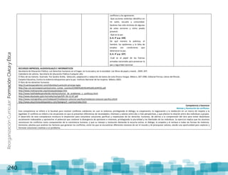 ReorganizaciónCurricular:FormaciónCívicayÉtica
240
conflictos y las agresiones.
-Qué acciones violentas identifico en
mi salón, escuela y comunidad.
Quiénes han sido víctimas de algunas
de estas acciones y cómo puedo
prevenir.
-Qué es la paz.
(L.A. 4° p.p. 104)
De qué manera la pobreza, el
hambre, las epidemias y la falta de
empleo son condiciones que
deterioran la paz.
(L.A. 4° p.p. 107)
-Cuál es el papel de las fuerzas
armadas nacionales para preservar la
paz y seguridad nacional.
RECURSOS IMPRESOS, AUDIOVISUALES E INFORMÁTICOS
Secretaría de Educación Pública. Los Derechos humanos en el hogar, en la escuela y en la sociedad. Los libros de papá y mamá., 2005, SEP.
Calendario de valores. Secretaría de educación Pública Cualquier año.
El libro de los Valores. Ilustrado. Por Sandra Ardila.. Selección, adaptación y redacción de textos de Julio Orozco Vargas. México, SEP.1996. Editorial Porrúa. Libros del Rincón.
Carpeta Educativa, Contra la violencia eduquemos para la paz. Instituto Nacional de las mujeres. México 2003.
El libro de los derechos humanos
http://cuentosparadormir.com/infantiles/cuento/el-principe-lapio
http://sac.csic.es/unawe/cuentos/como_contar_cuentos/COMO%20CREAR%20CUENTOS.pdf
http://www.motivaciones.org/ctosequeeslapaz.htm
http://www.habilidadesparalavida.net/es/solucion_de_problemas_y_conflictos.html
http://www.diputados.gob.mx/cedia/sia/spe/SPE-ISS-12-07.pdf
http://www.monografias.com/trabajos67/mediacion-solucion-pacifica/mediacion-solucion-pacifica.shtml
http://www.alquimistasdelapalabra.com/dialogos/4_cuentos/index.html
Competencia a favorecer
Manejo y Resolución de conflictos.
Esta competencia se refiere a la facultad para resolver conflictos cotidianos sin usar la violencia, privilegiando el diálogo, la cooperación, la negociación y la mediación en un marco de respeto a la
legalidad. El conflicto se refiere a las situaciones en que se presentan diferencias de necesidades, intereses y valores entre dos o más perspectivas, y que afectan la relación entre dos individuos o grupos.
El desarrollo de esta competencia involucra la disposición para vislumbrar soluciones pacíficas y respetuosas de los derechos humanos, de abrirse a la comprensión del otro para evitar desenlaces
socialmente indeseables y aprovechar el potencial que contiene la divergencia de opiniones e intereses, privilegiando la pluralidad y las libertades de los individuos. Su ejercicio implica que los alumnos
reconozcan los conflictos como componentes de la convivencia humana, y que su manejo y resolución demanda la escucha activa, el diálogo, la empatía y el rechazo a todas las formas de violencia.
Asimismo, plantea que analicen los factores que generan los conflictos, entre los que se encuentran diferentes maneras de ver el mundo y de jerarquizar valores, siendo una oportunidad para explorar y
formular soluciones creativas a un problema.
 