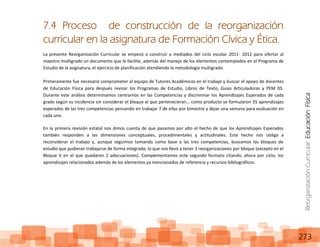 ReorganizaciónCurricular:EducaciónFísica
273
7.4 Proceso de construcción de la reorganización
curricular en la asignatura de Formación Cívica y Ética.
La presente Reorganización Curricular se empezó a construir a mediados del ciclo escolar 2011- 2012 para ofertar al
maestro multigrado un documento que le facilite, además del manejo de los elementos contemplados en el Programa de
Estudio de la asignatura, el ejercicio de planificación atendiendo la metodología multigrado.
Primeramente fue necesario comprometer al equipo de Tutores Académicos en el trabajo y buscar el apoyo de docentes
de Educación Física para después revisar los Programas de Estudio, Libros de Texto, Guías Articuladoras y PEM 05.
Durante este análisis determinamos centrarnos en las Competencias y discriminar los Aprendizajes Esperados de cada
grado según su incidencia sin considerar el bloque al que pertenecieran… como producto se formularon 35 aprendizajes
esperados de las tres competencias pensando en trabajar 7 de ellas por bimestre y dejar una semana para evaluación en
cada uno.
En la primera revisión estatal nos dimos cuenta de que pasamos por alto el hecho de que los Aprendizajes Esperados
también responden a las dimensiones conceptuales, procedimentales y actitudinales. Este hecho nos obliga a
reconsiderar el trabajo y, aunque seguimos tomando como base a las tres competencias, buscamos los bloques de
estudio que pudieran trabajarse de forma integrada; lo que nos llevó a tener 3 reorganizaciones por bloque (excepto en el
Bloque V en el que quedaron 2 adecuaciones). Complementamos este segundo formato citando, ahora por ciclo, los
aprendizajes relacionados además de los elementos ya mencionados de referencia y recursos bibliográficos.
 
