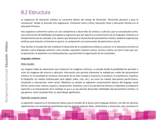 ReorganizaciónCurricular:EducaciónArtística
302
8.2 Estructura
La asignatura de educación artística se encuentra dentro del campo de formación “Desarrollo personal y para la
convivencia” donde se articulan tres asignaturas: Formación Cívica y Ética, Educación Física y Educación Artística en la
educación Primaria.
Esta asignatura solamente cuenta con una competencia a desarrollar (la artística y cultural), que se conceptualiza como:
una construcción de habilidades perceptivas y expresivas que dan apertura al conocimiento de los lenguajes artísticos y al
fortalecimiento de las actitudes y los valores que favorecen el desarrollo del pensamiento artístico mediante experiencias
estéticas para impulsar y fomentar el aprecio, la comprensión y la conservación del patrimonio cultural.
Para facilitar el estudio del arte mediante el desarrollo de la competencia artística y cultural, en la educación primaria se
abordan cuatro lenguajes artísticos: artes visuales, expresión corporal y danza, música y teatro, así como 3 ejes que son:
la apreciación, la expresión y la contextualización, que permiten la organización de los contenidos.
Lenguajes artísticos
Artes visuales
Las integran todas las expresiones que involucran las imágenes artísticas; su estudio brinda la posibilidad de aprender a
mirar las imágenes del entorno y descubrir información que permita interpretar la realidad por medio del pensamiento
artístico. En la actualidad se reconoce como parte de las artes visuales a la pintura, la escultura, la arquitectura, la gráfica,
la fotografía, los medios audiovisuales (arte digital, video, cine, etc.), así como los medios alternativos (performance,
instalación e intervención, entre otros). Mediante su estudio se adquieren conocimientos básicos del lenguaje visual
(forma, punto, línea, textura, espacio y composición). Asimismo, con el uso de diversas técnicas y materiales se propicia la
expresión y la interpretación de la realidad, lo que a su vez permite desarrollar habilidades del pensamiento artístico, lo
que genera, como resultado final, un aprendizaje significativo.
Expresión corporal y danza
La expresión corporal es la introducción básica para el estudio de la danza como lenguaje artístico; con ella los alumnos
experimentan una variedad de movimientos que les permite expresar ideas, sentimientos y emociones, para reconocer la
 
