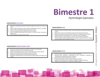 ReorganizaciónCurricular:EducaciónArtística
309
LENGUAJE ARTÍSTICO: ARTES VISUALES
1 Compara las sensaciones de texturas de diferentes objetos que percibe con el tacto y la
vista.
2 Utiliza los planos visuales para crear la ilusión de profundidad y espacio en una imagen.
3 Utiliza el color como elemento expresivo para comunicar ideas.
4 Crea una composición pictórica empleando técnicas y soportes.
5 Utiliza el lenguaje tridimensional para expresar en forma libre ideas, emociones y
experiencias.
6 Valora la importancia del patrimonio cultural.
LENGUAJE ARTÍSTICO: EXPRESIÓN CORPORAL Y DANZA
1 Reconoce los niveles y los alcances corporales en relación con el movimiento.
2 Reconoce los contrastes de sus movimientos corporales.
3 Reconoce la participación de dúos, tríos y cuartetos dentro de una danza colectiva.
4 Realiza una secuencia dancística sencilla a partir de una historia.
5 Distingue las características de los diferentes géneros dancísticos.
6 Distingue los elementos básicos de las danzas de los pueblos originarios de México y del
mundo.
LENGUAJE ARTÍSTICO: MÚSICA
1 Acompaña canciones utilizando sonidos y silencios producidos con diferentes partes de su
cuerpo.
2 Sigue el pulso musical con movimientos corporales e instrumentos de percusión.
3 Elabora instrumentos musicales de aliento y percusión con materiales de uso cotidiano.
4 Reproduce populares, tradicionales o de su interés por medio de cotidiáfonos.
5 Musicaliza textos al conjuntar palabras y música en canciones de diversos géneros.
6 Utiliza la notación musical convencional en la recreación y ejecución de ritmos, utilizando
los valores negra, silencio de negras y corcheas.
LENGUAJE ARTÍSTICO: TEATRO
1 Utiliza la expresión corporal para comunicar ideas y sentimientos.
2 Reconoce ideas, emociones y sentimientos de otros compañeros, expresados en
representaciones teatrales que observa o improvisa
3 Representa situaciones dramáticas reales o ficticias.
4 Estructura escenas para la creación de una obra de teatro sencilla.
5 Distingue las características de la comedia y la tragedia, como géneros primarios.
6 Adapta un mito o leyenda del su comunidad a un género teatral.
Bimestre 1Aprendizajes Esperados
 