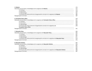 5. Historia 175
Elementos estructurales y metodológicos de la asignatura de Historia…………………………………………………..……………………………….. 177
5.1 Enfoque…………………………………………………………………………………………………………………………………………………………………. 179
5.2 Estructura…………………………………………………………………………………………………............................................................... 179
5.3 Metodología………………………………………………………………………………………….................................................................. 182
5.4 Proceso de construcción de la reorganización curricular en la asignatura de Historia……….…………………….…………….. 185
Reorganización Curricular…………………………………………………………………………………………………………………………………………………………… 187
6. Formación Cívica y Ética 219
Elementos estructurales y metodológicos de la asignatura de Formación Cívica y Ética………………..………………………………………….. 221
6.1 Enfoque…………………………………………………………………………………………………………………………………………………………………. 223
6.2 Estructura…………………………………………………………………………………………………............................................................... 224
6.3 Metodología………………………………………………………………………………………….................................................................. 226
6.4 Proceso de construcción de la reorganización curricular en la asignatura de
Formación Cívica y Ética………………………………………………………………………………….…………………………………………………………..
229
Reorganización Curricular…………………………………………………………………………………………………………………………………………………………… 231
7. Educación Física 263
Elementos estructurales y metodológicos de la asignatura de Educación Física….………………….………………..……………………………….. 265
7.1 Enfoque…………………………………………………………………………………………………………………………………………………………………. 267
7.2 Estructura…………………………………………………………………………………………………............................................................... 267
7.3 Metodología………………………………………………………………………………………….................................................................. 271
7.4 Proceso de construcción de la reorganización curricular en la asignatura de Educación Física……………………………… 273
Reorganización Curricular…………………………………………………………………………………………………………………………………………………………… 275
8. Educación Artística 297
Elementos estructurales y metodológicos de la asignatura de Educación Artística………………………..………………………………………….. 299
8.1 Enfoque…………………………………………………………………………………………………………………………………………………………………. 301
8.2 Estructura…………………………………………………………………………………………………............................................................... 302
8.3 Metodología………………………………………………………………………………………….................................................................. 305
8.4 Proceso de construcción de la reorganización curricular en la asignatura de Educación Artística….…………….………… 306
Reorganización Curricular…………………………………………………………………………………………………………………………………………………………… 307
 