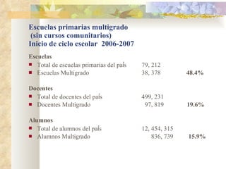 Escuelas primarias multigrado    (sin  cursos comunitarios) Inicio de ciclo escolar  2006-2007 Escuelas   Total de escuelas primarias del pa í s 79, 212   Escuelas Multigrado 38, 378    48.4%  Docentes Total de docentes del pa í s 499, 231   Docentes Multigrado   97, 819  19.6%   Alumnos Total de alumnos del pa í s 12, 454, 315   Alumnos Multigrado     836, 739    15.9%  