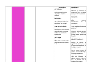 ACTIVIDADES
EXPERIENCIA
Explorar conocimientos
adquiridos en el tema
anterior.
REFLEXION
¿En qué idioma hablan los
personajes del diálogo?
CONCEPTUALIZACION
Leer el texto del numeral 7
de la página de estudio y,
realizar las actividades
establecidas.
APLICACION
Efectuar la autoevaluación
de la página respectiva del
texto
EXPERIENCIA
Observar y comentar las
situaciones en la página
correspondiente del texto.
REFLEXION
¿Qué palabras
encontramos en la
ilustración?
¿Qué se expresan con estas
palabras?
¿Quieres aprender a decir
palabras en diferentes
lenguas que se hablan en el
Ecuador?
CONCEPTUALIZACION
Deducir y escribir el
significado de las palabras
o expresiones presentes en
la página anterior.
Leer el texto (numeral 3,
página correspondiente) y
formular 5 preguntas.
Leer los nombres de
algunas lenguas originarias
que se hablan en el
Ecuador. (numeral 4)
 