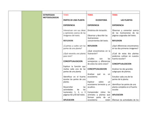 ESTRATEGIAS
METODOLOGICAS
TEMA
PARTES DE UNA PLANTA
EXPERIENCIA
Interactuar con sus ideas
y opiniones acerca de las
imágenes del texto.
REFLEXION
¿Cuántas y cuáles son las
partes de una planta?
¿Qué necesita una planta
para vivir?
CONCEPTUALIZACION
Explicar la función que
realiza cada una de las
partes de una planta
Identificar en el huerto
escolar las partes de una
planta.
Desarrollar las
actividades de los
numerales 1, 2, y 3
páginas 82 y 83 del texto.
APLICACION
TEMA
ECOSISTEMA
EXPERIENCIA
Dinámica de iniciación.
Observar y describir las
ilustraciones
concernientes del texto.
REFLEXION
¿Qué encontramos en la
ilustración?
¿Cuáles son las
semejanzas y diferencias
de estos los seres vivos?
CONCEPTUALIZACION
Analizar qué es un
ecosistema.
Explicar sobre un
ecosistema terrestre y, un
acuático.
Comprender cómo los
animales y plantas que
forman parte de un
ecosistema están
TEMA
LAS PLANTAS
EXPERIENCIA
Observar y comentar acerca
de las ilustraciones de las
páginas asignadas del texto.
REFLEXION
¿Qué diferencias encontramos
en las dos primeras imágenes?
¿Cuál de estas dos plantas
podemos cultivar en nuestro
huerto escolar?
CONCEPTUALIZACION
Analizar los dos grandes
subgrupos de plantas.
Estudiar cada una de las
partes de la planta.
Identificar las partes de una
planta completa en el huerto
escolar.
APLICACION
Efectuar las actividades de los
 