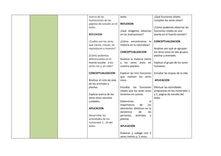 acerca de las
ilustraciones de las
páginas de estudio en el
texto.
REFLEXION
¿Cuáles son los seres
que nacen, crecen, se
reproducen y mueren?
¿Cómo podemos
diferenciarlos en el
huerto escolar a los
seres con y sin vida?
CONCEPTUALIZACION
Analizar el ciclo de vida
de los animales y
plantas.
Explicar acerca de los
seres vivos necesita
cuidados.
APLICACION
Desarrollar las
actividades de los
numerales 1…10 del
texto.
texto.
REFLEXION
¿Qué imágenes observas
en las ilustraciones?
¿Cómo encontramos la
materia en la naturaleza?
CONCEPTUALIZACION
Analizar la materia inerte
y los seres vivos en
nuestro planeta.
Explicar las tres funciones
que realizan los seres
vivos.
Estudiar las funciones
vitales que los seres vivos
tenemos en común.
Determinar la
importancia de los
elementos abióticos en la
existencia de las
personas, animales y
plantas.
APLICACIÓN
Elaborar y collage con 5
seres inertes y, 5 vivos.
¿Qué funciones vitales
cumplen los seres vivos?
¿Cómo podemos observar las
funciones vitales en una
planta en el huerto escolar?
CONCEPTUALIZACION
Analizar por qué se agrupan
los seres vivos en dos grupos,
plantas y animales.
Explicar el grupo de los seres
humanos.
Estudiar las etapas de la vida.
APLICACION
Efectuar las actividades
propuestas en los numerales 1
y 2, página de estudio del
texto
 