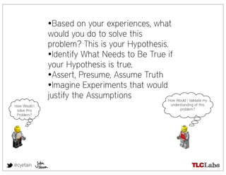 •Based on your experiences, what
              would you do to solve this
              problem? This is your Hypothesis.
              •Identify What Needs to Be True if
              your Hypothesis is true.
              •Assert, Presume, Assume Truth
              •Imagine Experiments that would
              justify the Assumptions          How Would I Validate my
How Would I                                              understanding of this
 solve this                                                   problem?
 Problem?




@cyetain
 