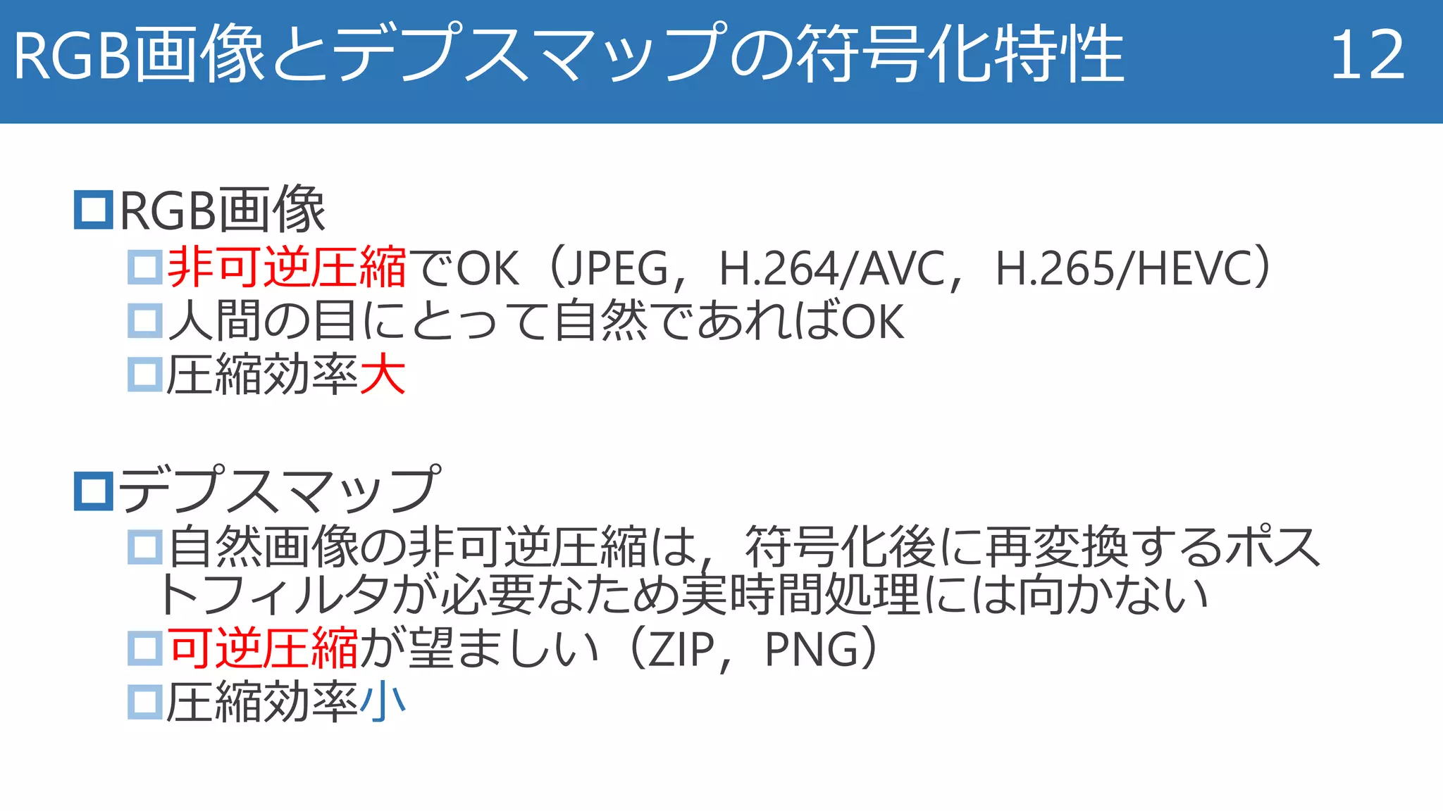 RGB画像
非可逆圧縮でOK（JPEG，H.264/AVC，H.265/HEVC）
人間の目にとって自然であればOK
圧縮効率大
デプスマップ
自然画像の非可逆圧縮は，符号化後に再変換するポス
トフィルタが必要なため実時間処理には向かない
可逆圧縮が望ましい（ZIP，PNG）
圧縮効率小
RGB画像とデプスマップの符号化特性 12
 