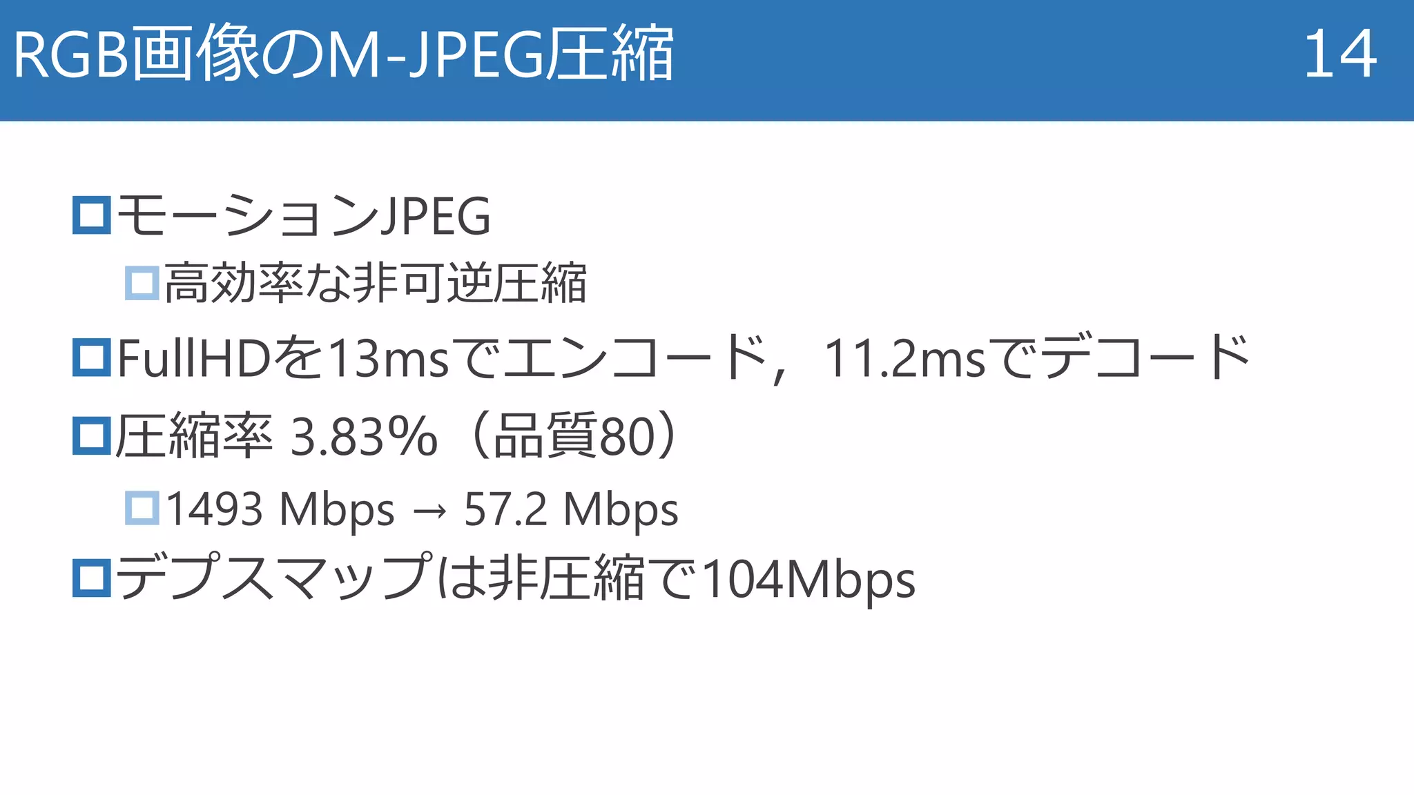 モーションJPEG
高効率な非可逆圧縮
FullHDを13msでエンコード，11.2msでデコード
圧縮率 3.83％（品質80）
1493 Mbps → 57.2 Mbps
デプスマップは非圧縮で104Mbps
RGB画像のM-JPEG圧縮 14
 