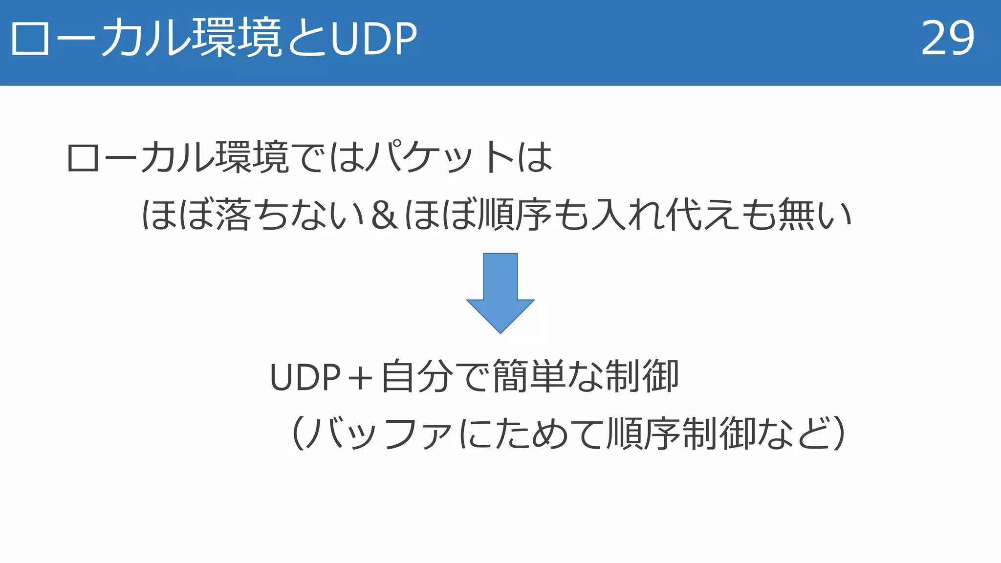 ローカル環境とUDP 29
ローカル環境ではパケットは
ほぼ落ちない＆ほぼ順序も入れ代えも無い
UDP＋自分で簡単な制御
（バッファにためて順序制御など）
 