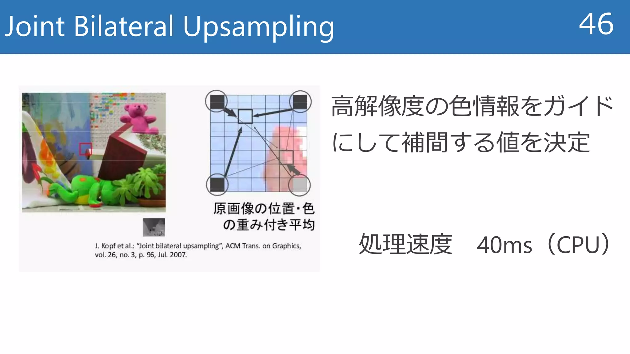 Joint Bilateral Upsampling 46
高解像度の色情報をガイド
にして補間する値を決定
処理速度 40ms（CPU）
 