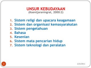 UNSUR KEBUDAYAAN(Koentjaraningrat, 2000:2)10/26/20103SistemreligidanupacarakeagamaanSistemdanorganisasikemasyarakatanSistempengetahuanBahasaKesenianSistemmatapencarianhidupSistemteknologidanperalatan