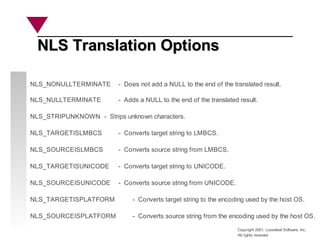 Copyright 2001, Looseleaf Software, Inc.
All rights reserved
NLS Translation Options
NLS Translation Options
NLS_NONULLTERMINATE - Does not add a NULL to the end of the translated result.
NLS_NULLTERMINATE - Adds a NULL to the end of the translated result.
NLS_STRIPUNKNOWN - Strips unknown characters.
NLS_TARGETISLMBCS - Converts target string to LMBCS.
NLS_SOURCEISLMBCS - Converts source string from LMBCS.
NLS_TARGETISUNICODE - Converts target string to UNICODE.
NLS_SOURCEISUNICODE - Converts source string from UNICODE.
NLS_TARGETISPLATFORM - Converts target string to the encoding used by the host OS.
NLS_SOURCEISPLATFORM - Converts source string from the encoding used by the host OS.
 