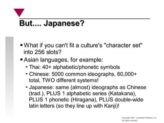 Copyright 2001, Looseleaf Software, Inc.
All rights reserved
But.... Japanese?
But.... Japanese?
What if you can't fit a culture's "character set"
into 256 slots?
Asian languages, for example:
Thai: 40+ alphabetic/phonetic symbols
Chinese: 5000 common ideographs, 60,000+
total, TWO different systems!
Japanese: same (almost) ideographs as Chinese
(trad.), PLUS 1 alphabetic series (Katakana),
PLUS 1 phonetic (Hiragana), PLUS double-wide
latin letters (so they line up with Kanji)!
 