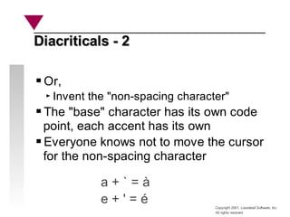 Copyright 2001, Looseleaf Software, Inc.
All rights reserved
Diacriticals - 2
Diacriticals - 2
Or,
Invent the "non-spacing character"
The "base" character has its own code
point, each accent has its own
Everyone knows not to move the cursor
for the non-spacing character
a + ` = à
e + ' = é
 