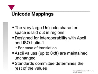 Copyright 2001, Looseleaf Software, Inc.
All rights reserved
Unicode Mappings
Unicode Mappings
The very large Unicode character
space is laid out in regions
Designed for interoperability with Ascii
and ISO Latin-1
For ease of translation
Ascii values (up to 0xff) are maintained
unchanged
Standards committee determines the
rest of the values
 