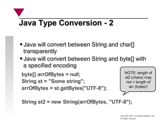 Copyright 2001, Looseleaf Software, Inc.
All rights reserved
Java Type Conversion - 2
Java Type Conversion - 2
Java will convert between String and char[]
transparently
Java will convert between String and byte[] with
a specified encoding
byte[] arrOfBytes = null;
String st = "Some string";
arrOfBytes = st.getBytes("UTF-8");
String st2 = new String(arrOfBytes, "UTF-8");
NOTE: length of
st2 (chars) may
not = length of
arr (bytes)!
 