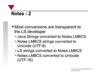 Copyright 2001, Looseleaf Software, Inc.
All rights reserved
Notes - 2
Notes - 2
Most conversions are transparent to
the LS developer
Java Strings converted to Notes LMBCS
Notes LMBCS strings converted to
Unicode (UTF-8)
LS strings converted to Notes LMBCS
Notes LMBCS converted to Unicode
(UTF-16)
 
