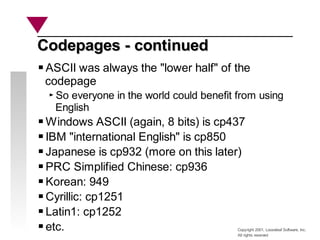 Copyright 2001, Looseleaf Software, Inc.
All rights reserved
Codepages - continued
Codepages - continued
ASCII was always ...