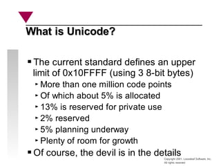 Copyright 2001, Looseleaf Software, Inc.
All rights reserved
What is Unicode?
What is Unicode?
The current standard define...