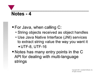 Copyright 2001, Looseleaf Software, Inc.
All rights reserved
Notes - 4
Notes - 4
For Java, when calling C:
String objects ...