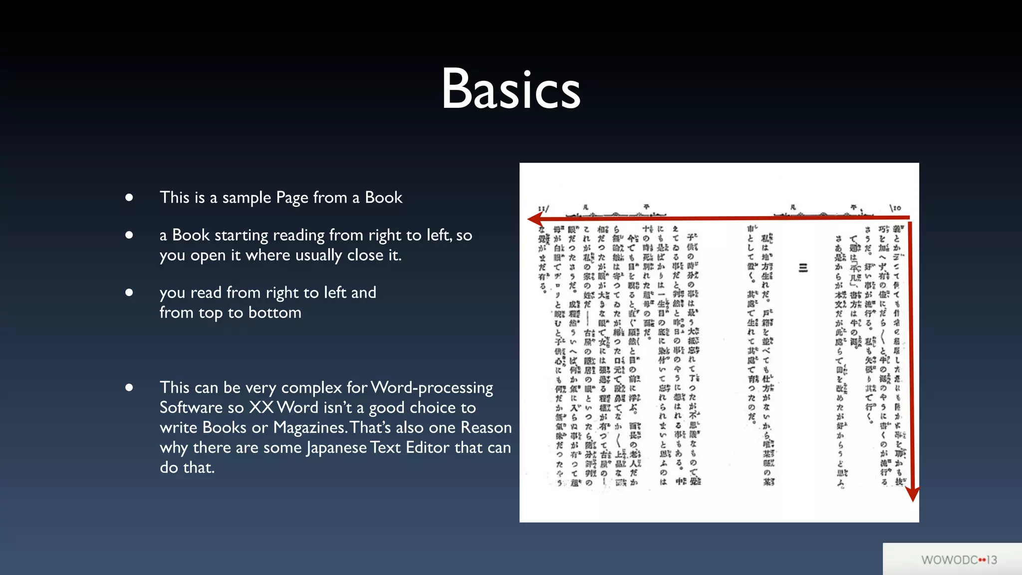 Basics
• This is a sample Page from a Book
• a Book starting reading from right to left, so
you open it where usually close it.
• you read from right to left and
from top to bottom
• This can be very complex for Word-processing
Software so XX Word isn’t a good choice to
write Books or Magazines.That’s also one Reason
why there are some Japanese Text Editor that can
do that.
 