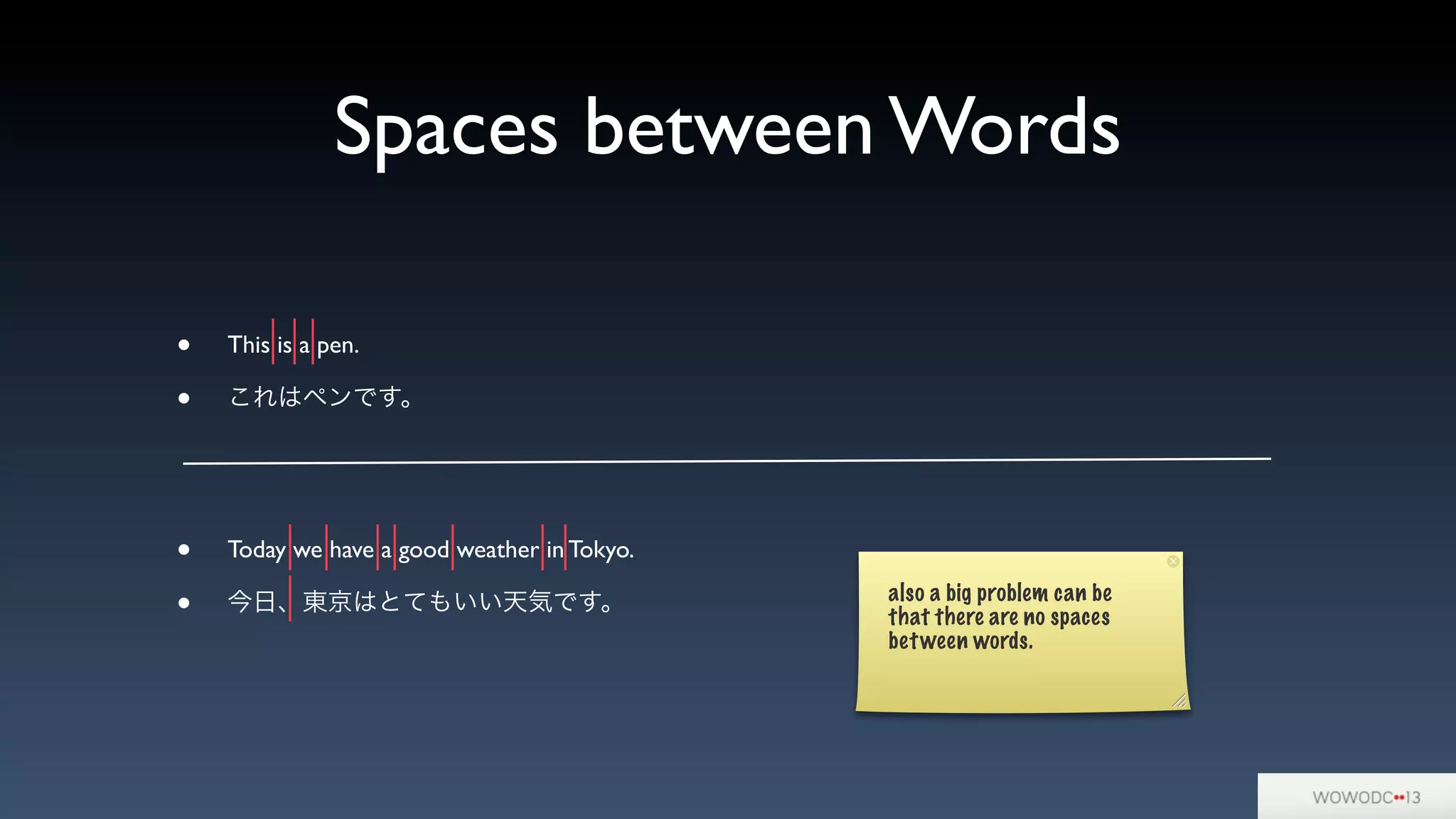 Spaces between Words
• This is a pen.
• これはペンです。
• Today we have a good weather in Tokyo.
• 今日、東京はとてもいい天気です。 also a big problem can be
that there are no spaces
between words.
 